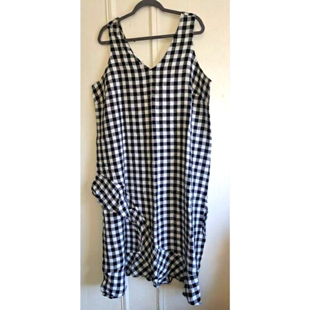 Lord & Taylor Womens 1xl Shift dress Linen Flare Black White Gingham Midi Long